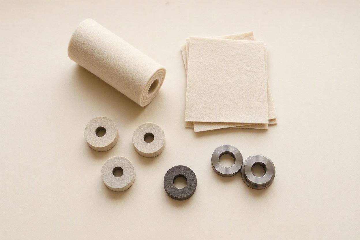 Wool felt, polishing forms and machined parts laid out together