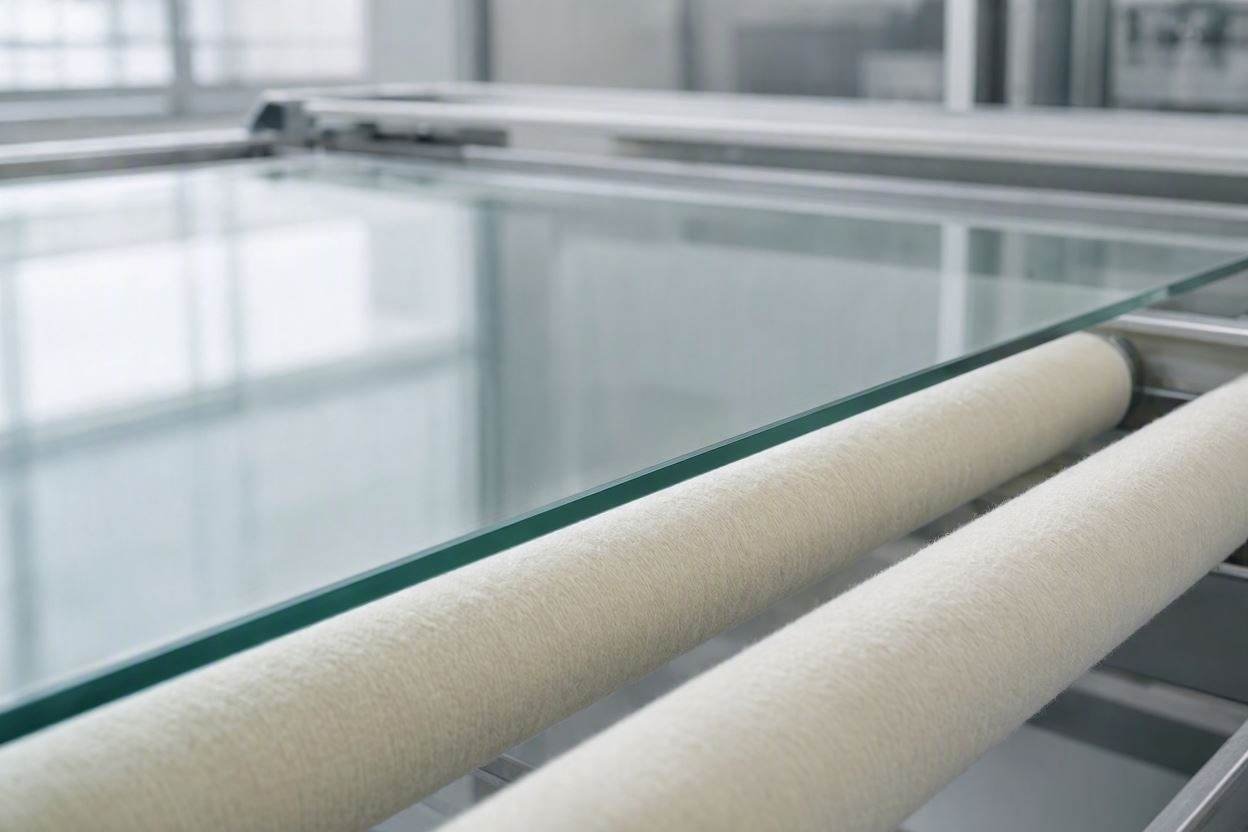 A glass sheet moving along felt-covered rollers