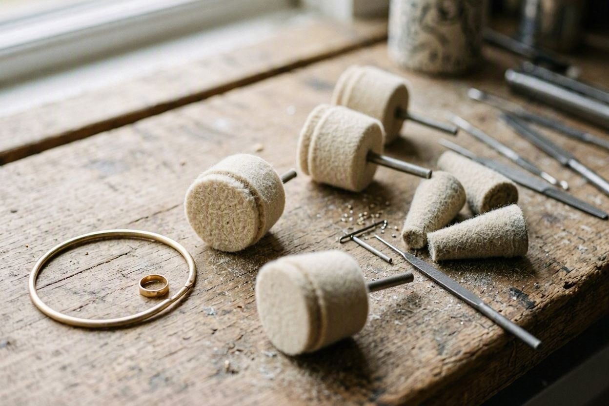 Felt polishing bobs and cones on steel spindles beside a gold ring and bangle on a jeweller’s bench