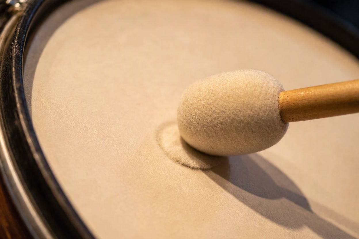 A felt beater striking a bass drum
