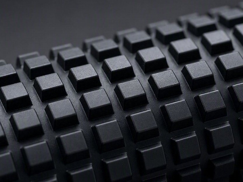 Close view of a rubber roller surface covered in raised square studs