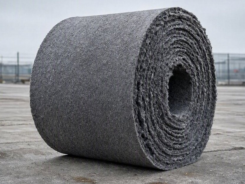 A very heavy non-woven geotextile felt roll on a concrete floor
