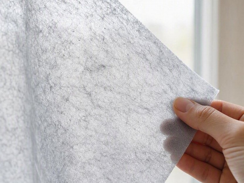 A thin sheet of light non-woven felt held up, light showing through it