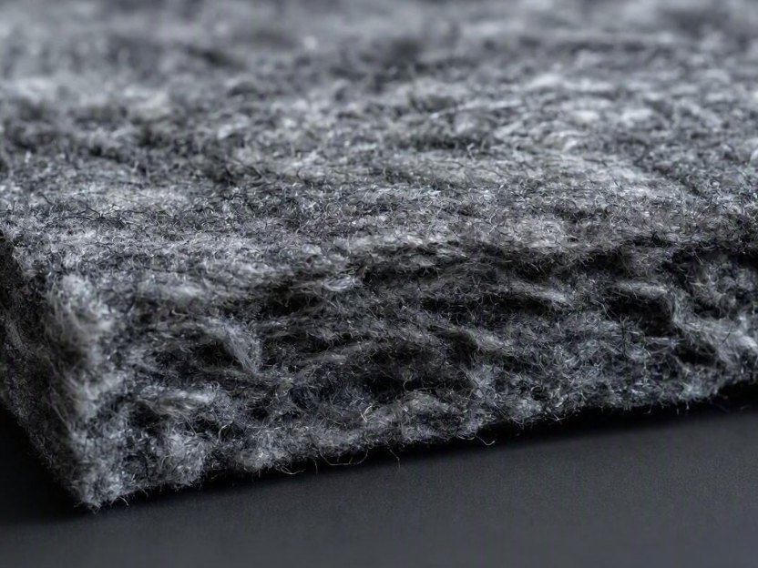 Cut edge of the softest, lowest wool content felt, grey and open