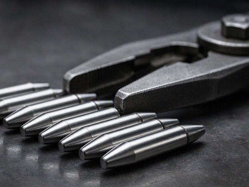 Sulzer loom projectiles and gripper components laid out on a bench