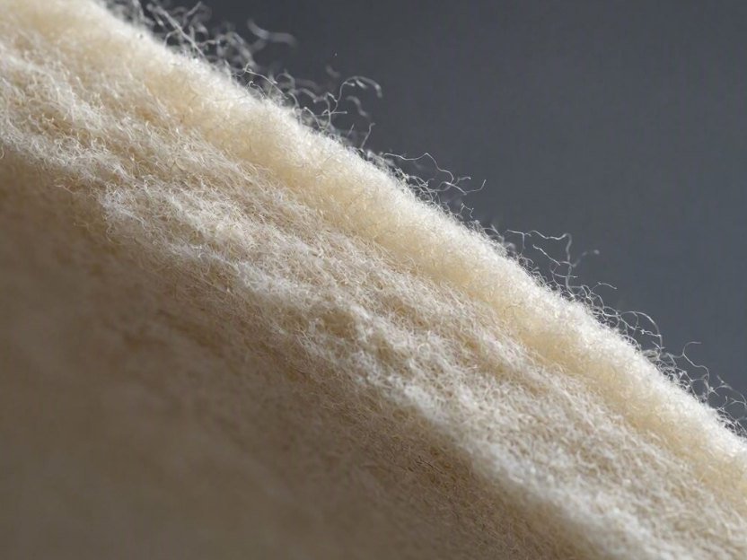 Macro view of the cut edge of soft wool felt, showing open loose fibre